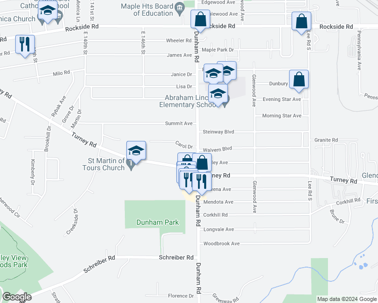 map of restaurants, bars, coffee shops, grocery stores, and more near 15000 Carol Dr in Maple Heights