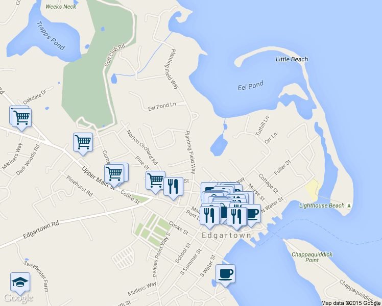 map of restaurants, bars, coffee shops, grocery stores, and more near 38 Planting Field Way in Edgartown
