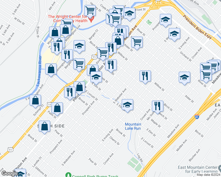 map of restaurants, bars, coffee shops, grocery stores, and more near 1023 Prospect Avenue in Scranton