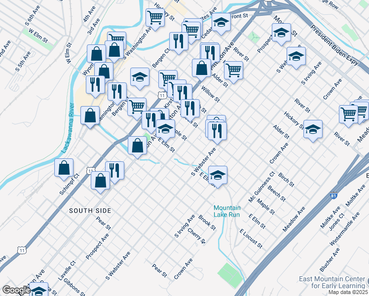 map of restaurants, bars, coffee shops, grocery stores, and more near 1023 Prospect Avenue in Scranton