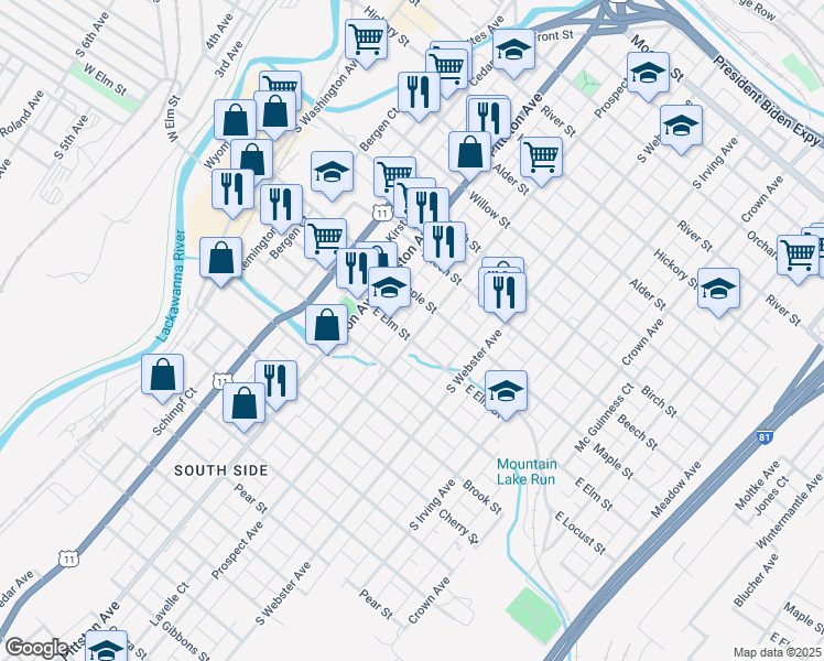 map of restaurants, bars, coffee shops, grocery stores, and more near 1023 Prospect Avenue in Scranton