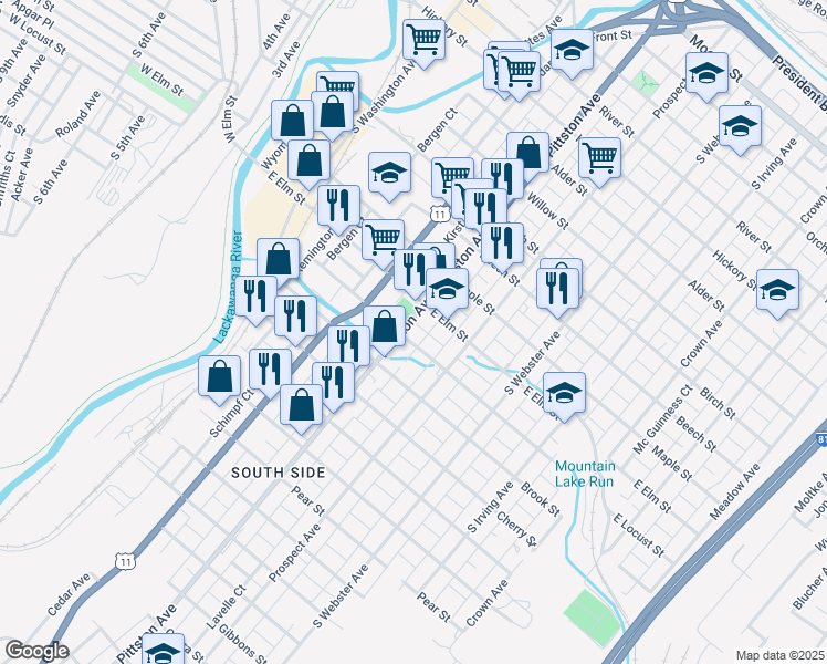 map of restaurants, bars, coffee shops, grocery stores, and more near 500 East Locust Street in Scranton