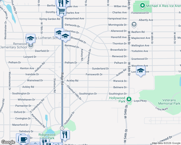 map of restaurants, bars, coffee shops, grocery stores, and more near 6402 Farnsworth Drive in Parma