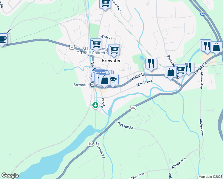 map of restaurants, bars, coffee shops, grocery stores, and more near 79 Main Street in Brewster