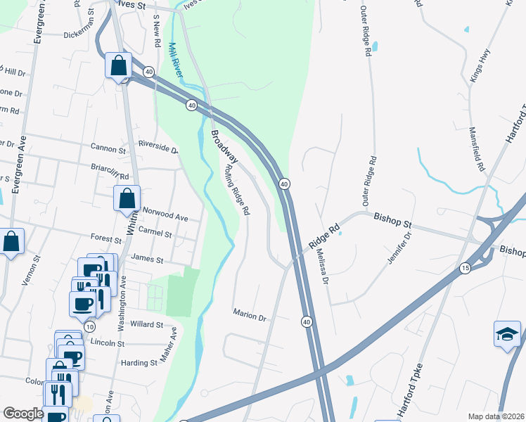 map of restaurants, bars, coffee shops, grocery stores, and more near 100 Rolling Ridge Road in Hamden