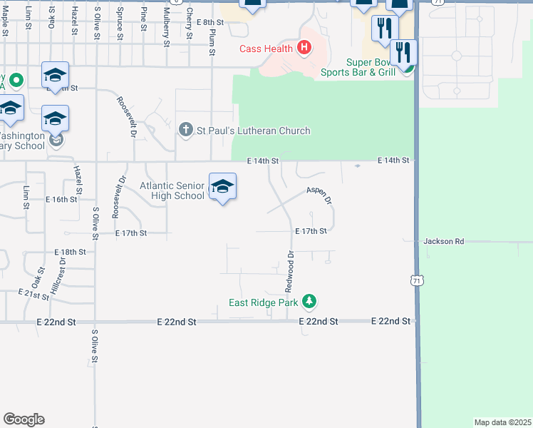 map of restaurants, bars, coffee shops, grocery stores, and more near 1601 Redwood Drive in Atlantic