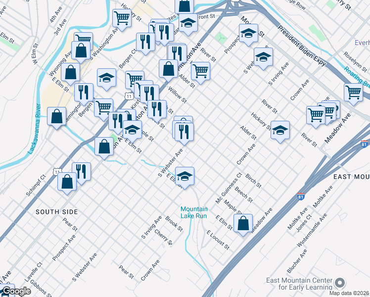 map of restaurants, bars, coffee shops, grocery stores, and more near 913 South Webster Avenue in Scranton