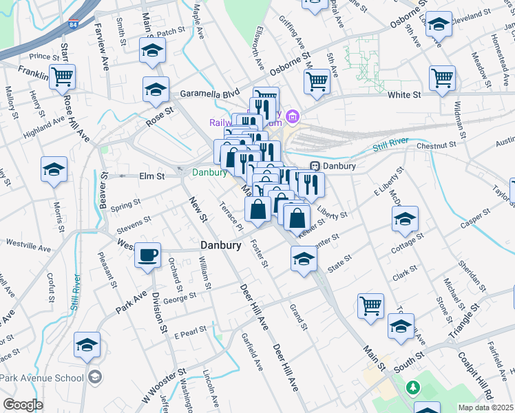 map of restaurants, bars, coffee shops, grocery stores, and more near 198 Main Street in Danbury