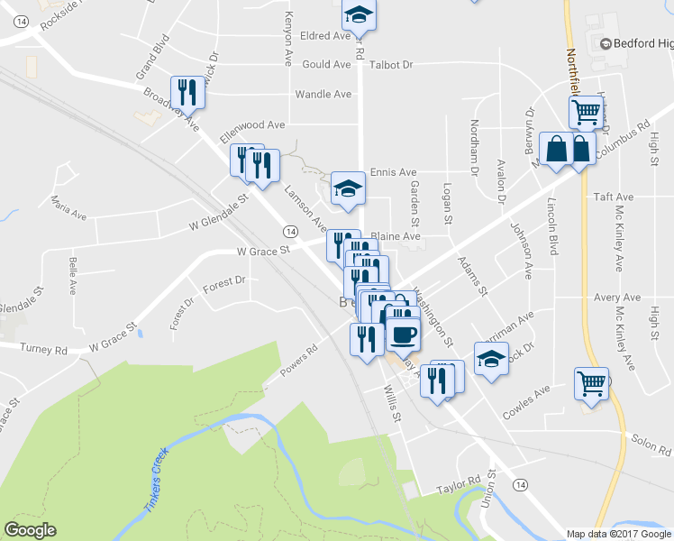 map of restaurants, bars, coffee shops, grocery stores, and more near 580 Broadway Avenue in Bedford