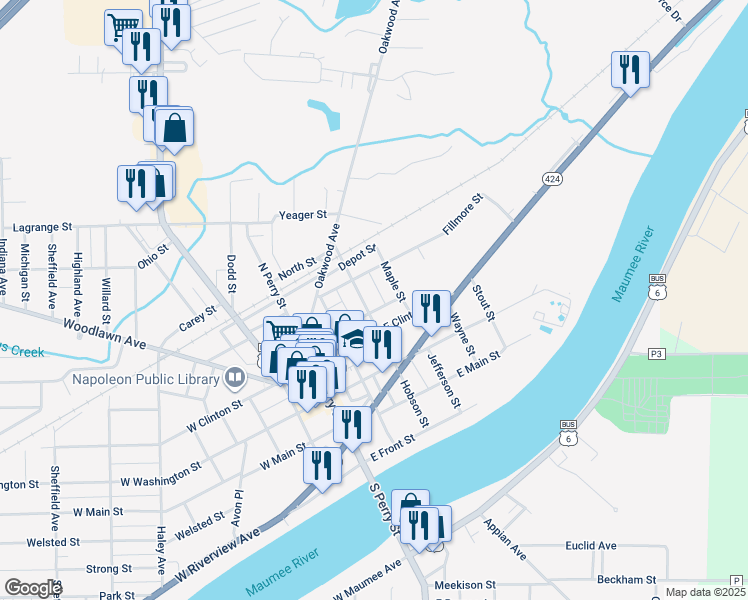 map of restaurants, bars, coffee shops, grocery stores, and more near 822 Hobson Street in Napoleon