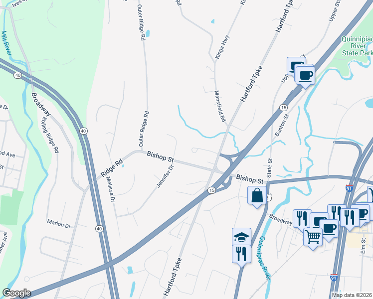 map of restaurants, bars, coffee shops, grocery stores, and more near 26 Colonial Drive in North Haven
