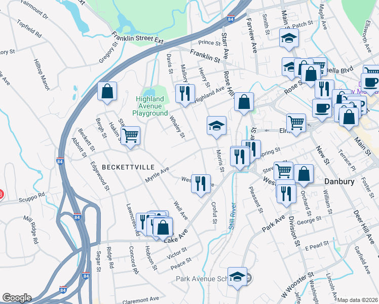 map of restaurants, bars, coffee shops, grocery stores, and more near 2 Myrtle Avenue in Danbury
