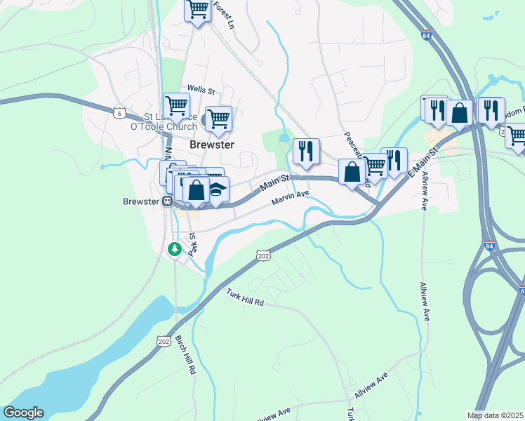 map of restaurants, bars, coffee shops, grocery stores, and more near 55 Marvin Avenue in Brewster
