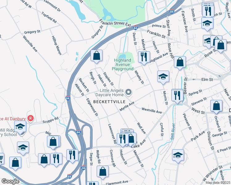 map of restaurants, bars, coffee shops, grocery stores, and more near 84 Westville Avenue in Danbury