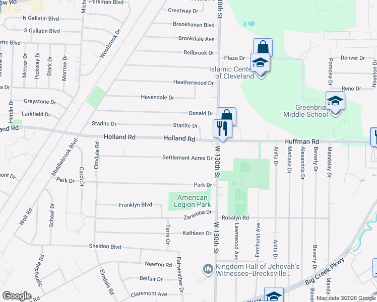 map of restaurants, bars, coffee shops, grocery stores, and more near 13522 Settlement Acres Drive in Brook Park
