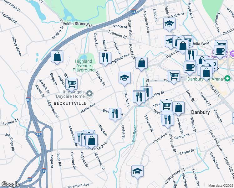 map of restaurants, bars, coffee shops, grocery stores, and more near 18 Morris Street in Danbury