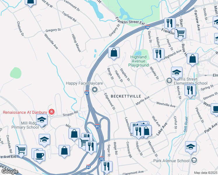 map of restaurants, bars, coffee shops, grocery stores, and more near 27 Laurel Street in Danbury