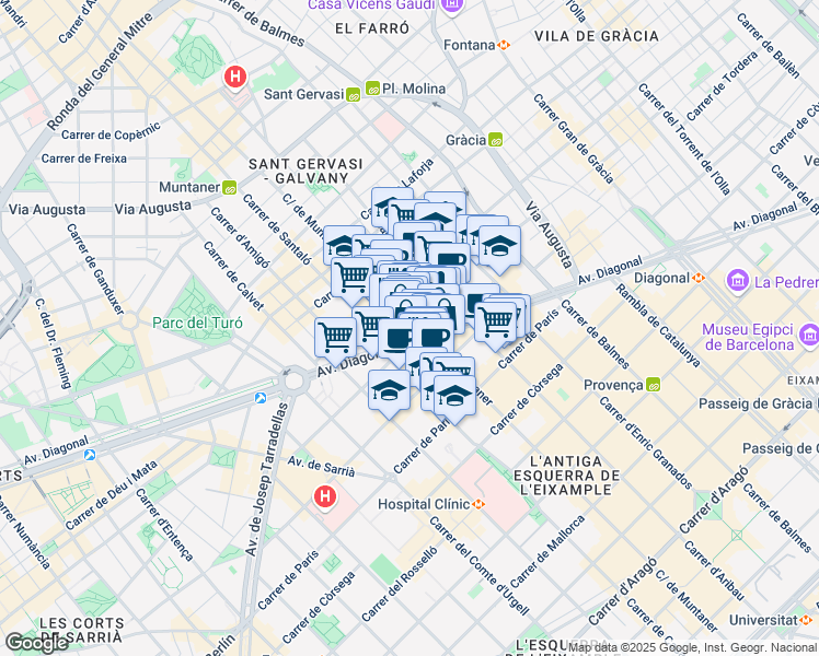 map of restaurants, bars, coffee shops, grocery stores, and more near 570 Avinguda Diagonal in Barcelona