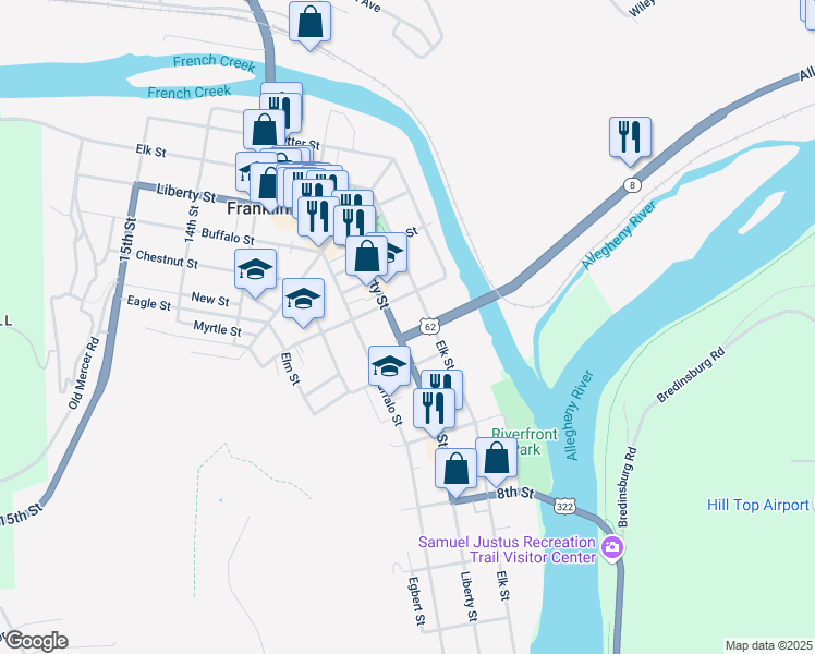 map of restaurants, bars, coffee shops, grocery stores, and more near 1030 Liberty Street in Franklin