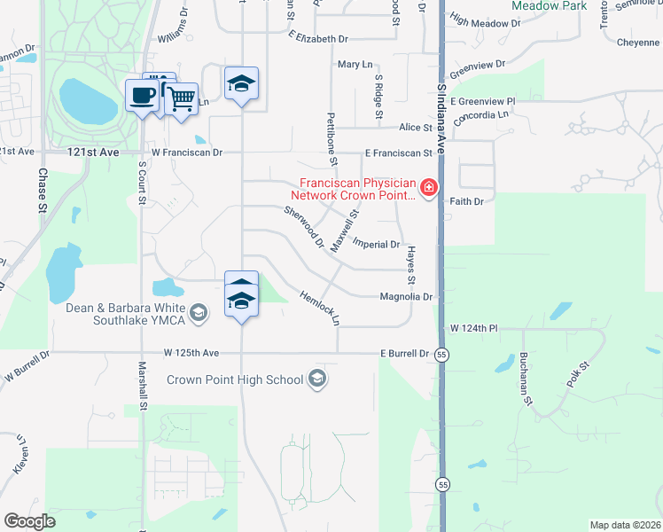 map of restaurants, bars, coffee shops, grocery stores, and more near 1351 Cleveland Street in Crown Point