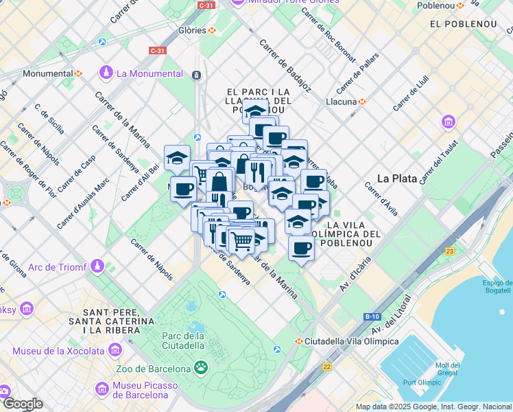 map of restaurants, bars, coffee shops, grocery stores, and more near 33 Carrer de Pujades in Barcelona