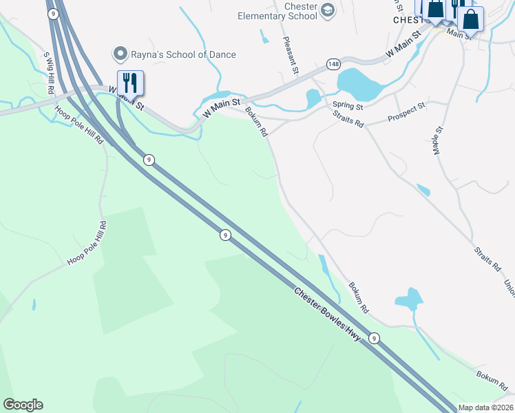 map of restaurants, bars, coffee shops, grocery stores, and more near 20 Bokum Road in Chester