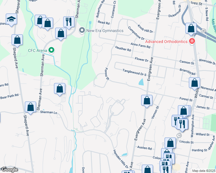 map of restaurants, bars, coffee shops, grocery stores, and more near 28 Forest Court South in Hamden
