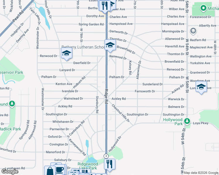 map of restaurants, bars, coffee shops, grocery stores, and more near 6232 North Canterbury Road in Parma