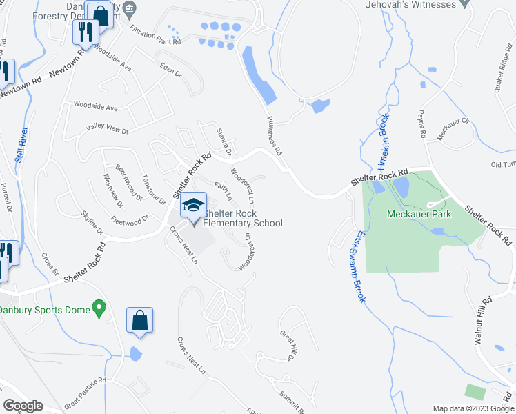 map of restaurants, bars, coffee shops, grocery stores, and more near 14 Woodcrest Lane in Danbury