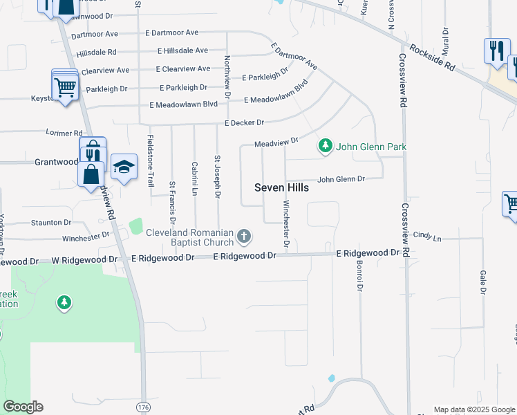 map of restaurants, bars, coffee shops, grocery stores, and more near 6238 Carlyle Drive in Seven Hills