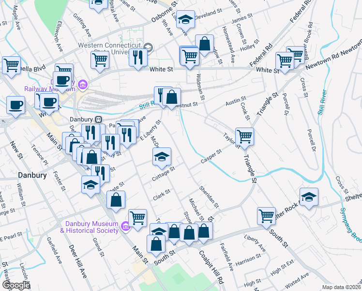 map of restaurants, bars, coffee shops, grocery stores, and more near 67 Sheridan Street in Danbury