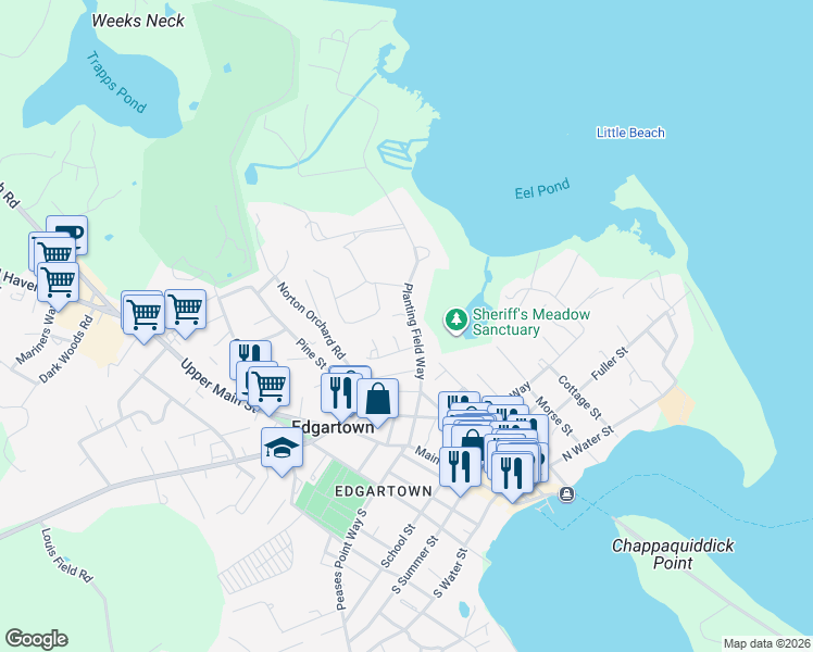 map of restaurants, bars, coffee shops, grocery stores, and more near 38 Planting Field Way in Edgartown