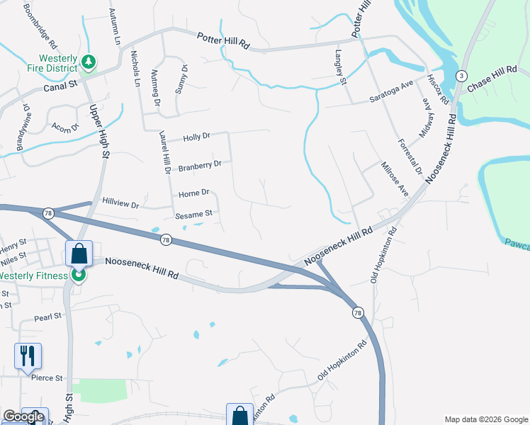 map of restaurants, bars, coffee shops, grocery stores, and more near 25 Hickory Lane in Westerly