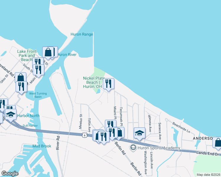 map of restaurants, bars, coffee shops, grocery stores, and more near 106 Miami Place in Huron