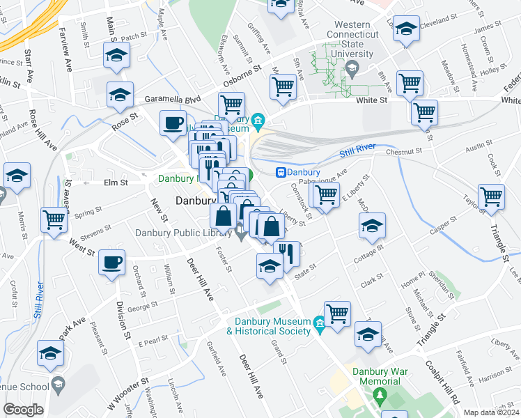 map of restaurants, bars, coffee shops, grocery stores, and more near 10 Liberty Street in Danbury