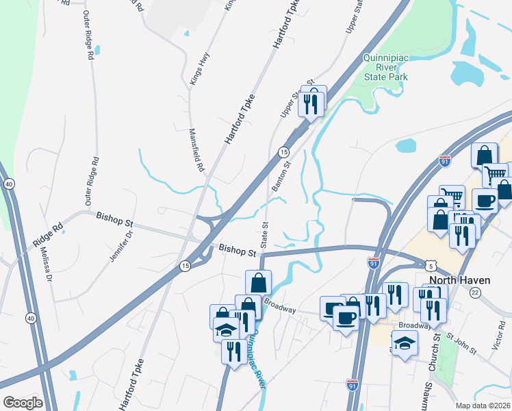 map of restaurants, bars, coffee shops, grocery stores, and more near 2 State Street in North Haven