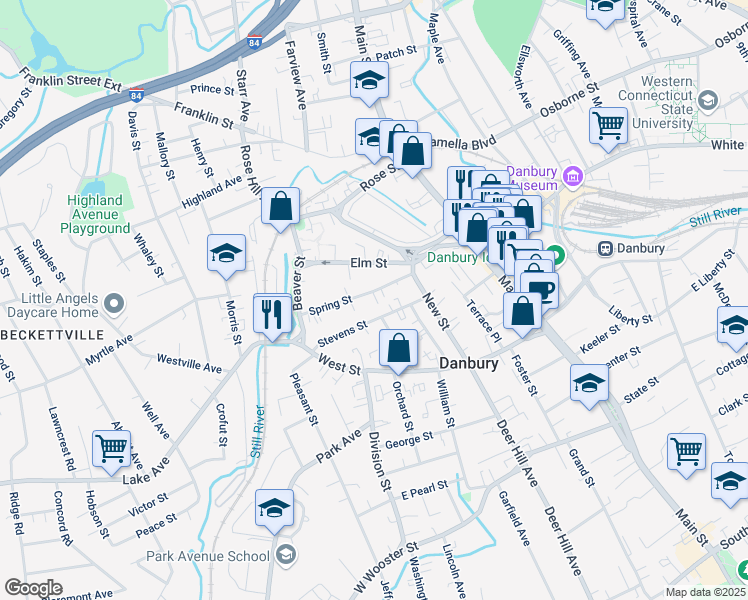 map of restaurants, bars, coffee shops, grocery stores, and more near 19 Harmony Street in Danbury