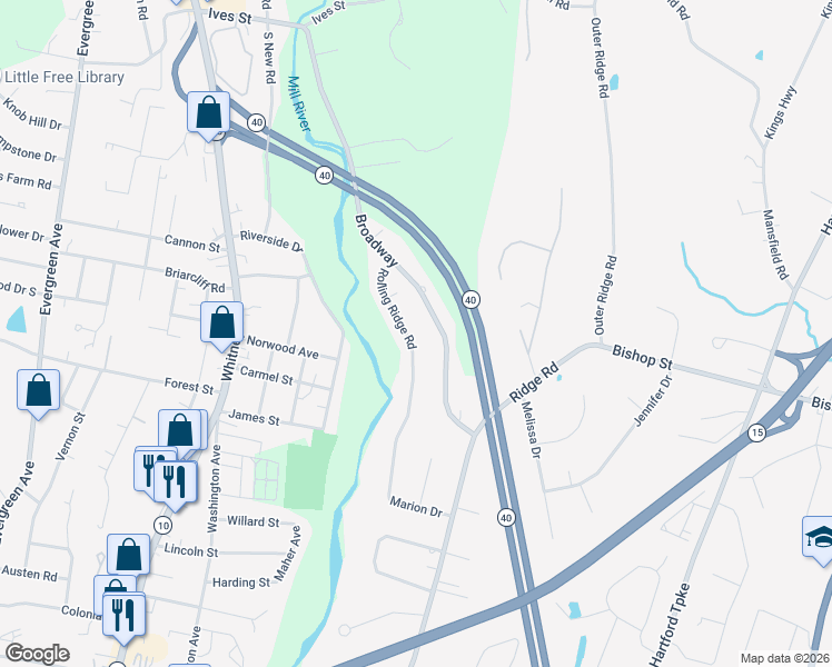 map of restaurants, bars, coffee shops, grocery stores, and more near 100 Rolling Ridge Road in Hamden