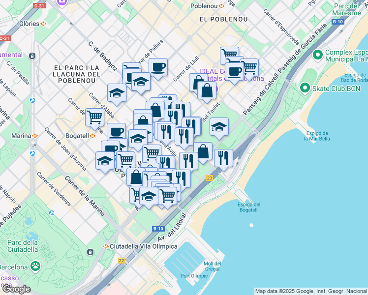 map of restaurants, bars, coffee shops, grocery stores, and more near 211 Avinguda d'Icària in Barcelona