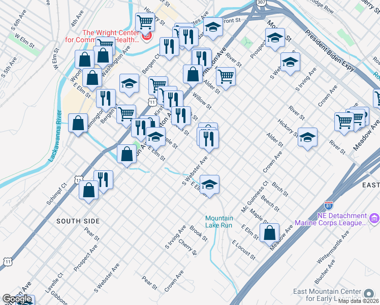 map of restaurants, bars, coffee shops, grocery stores, and more near 636 Maple Street in Scranton