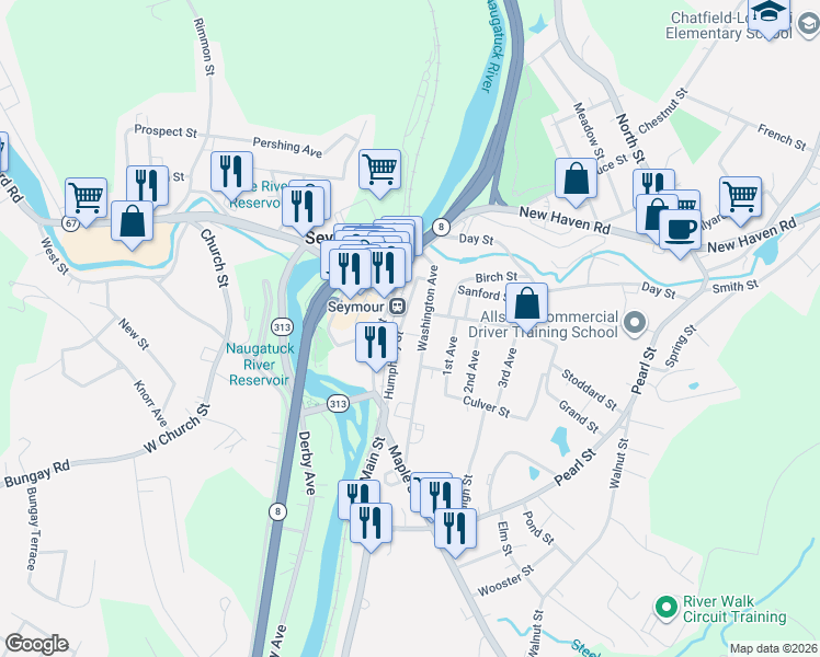 map of restaurants, bars, coffee shops, grocery stores, and more near 56 Humphrey Street in Seymour