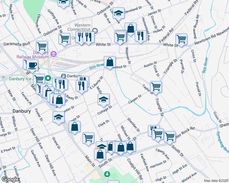 map of restaurants, bars, coffee shops, grocery stores, and more near 69 Sheridan Street in Danbury
