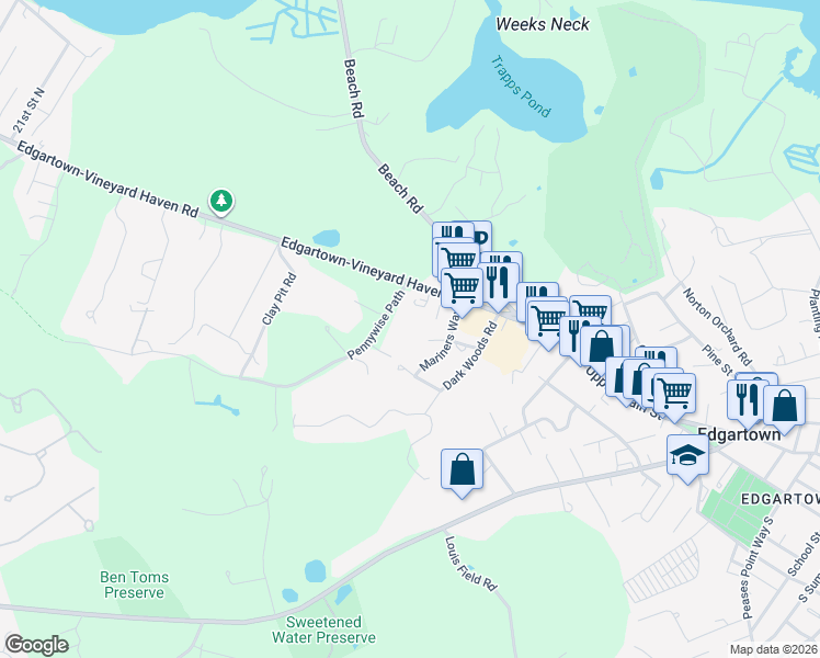 map of restaurants, bars, coffee shops, grocery stores, and more near 9 Mariners Circle in Edgartown