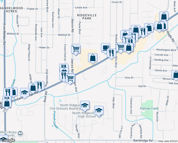 map of restaurants, bars, coffee shops, grocery stores, and more near 34805 Center Ridge Road in North Ridgeville