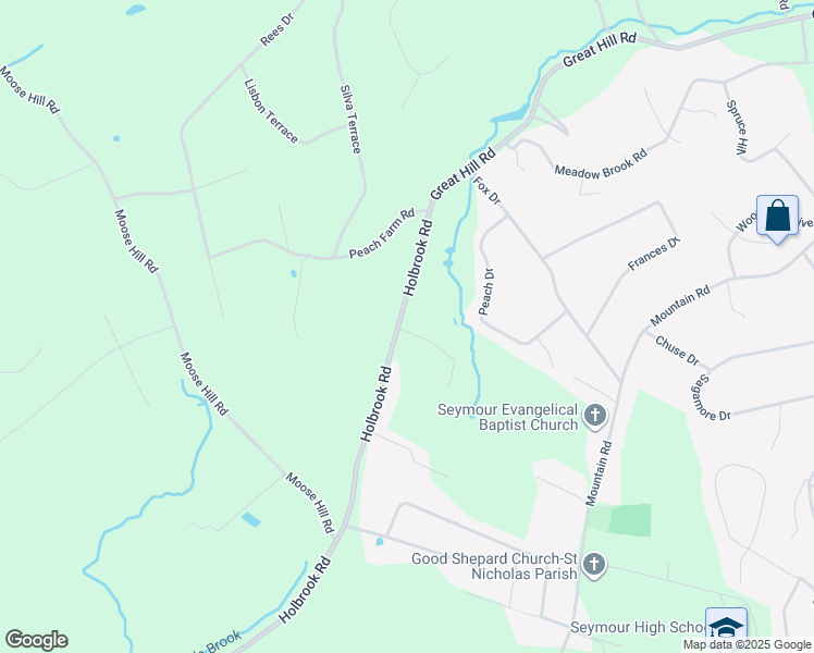 map of restaurants, bars, coffee shops, grocery stores, and more near 23 Holbrook Road in Seymour