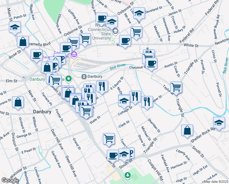 map of restaurants, bars, coffee shops, grocery stores, and more near 5 Prospect Street in Danbury