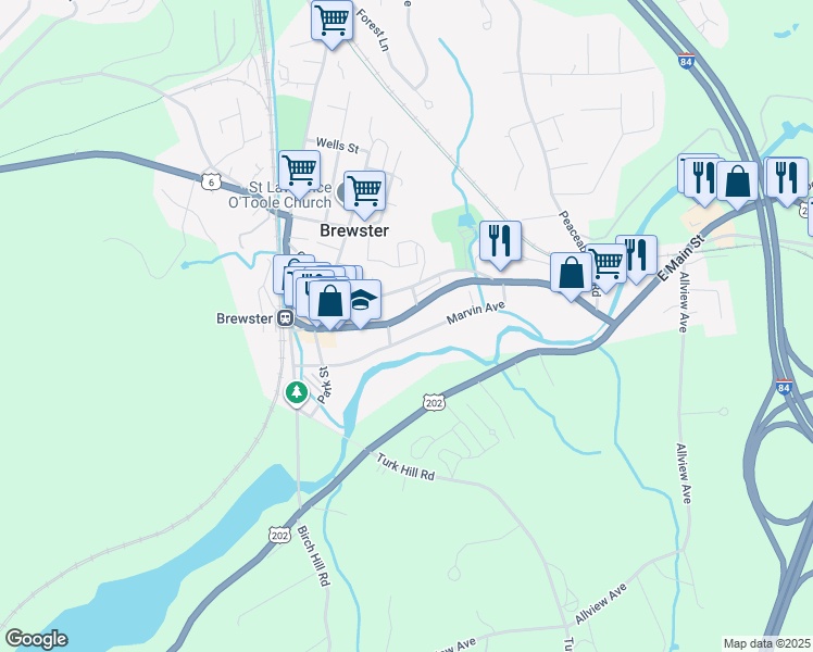 map of restaurants, bars, coffee shops, grocery stores, and more near 4 Wilkes Street in Brewster