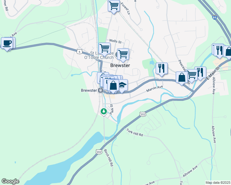 map of restaurants, bars, coffee shops, grocery stores, and more near 79 Main Street in Brewster
