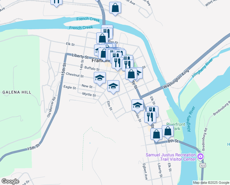 map of restaurants, bars, coffee shops, grocery stores, and more near 614 11th Street in Franklin