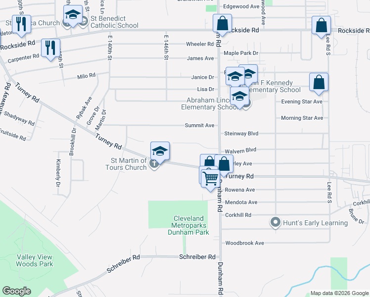 map of restaurants, bars, coffee shops, grocery stores, and more near 14863 Turney Road in Maple Heights